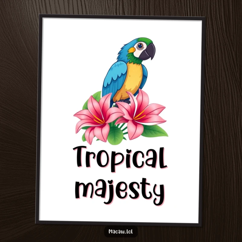 Funny macaw striking a dramatic proud pose atop a tropical flower on a digital art print, vibrant and humorous.