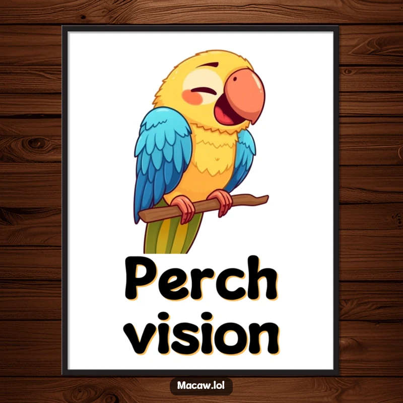 Funny Macaw Face Digital Art Print: A cute macaw with a funny expression on a new perch, ideal for instant humorous decor.