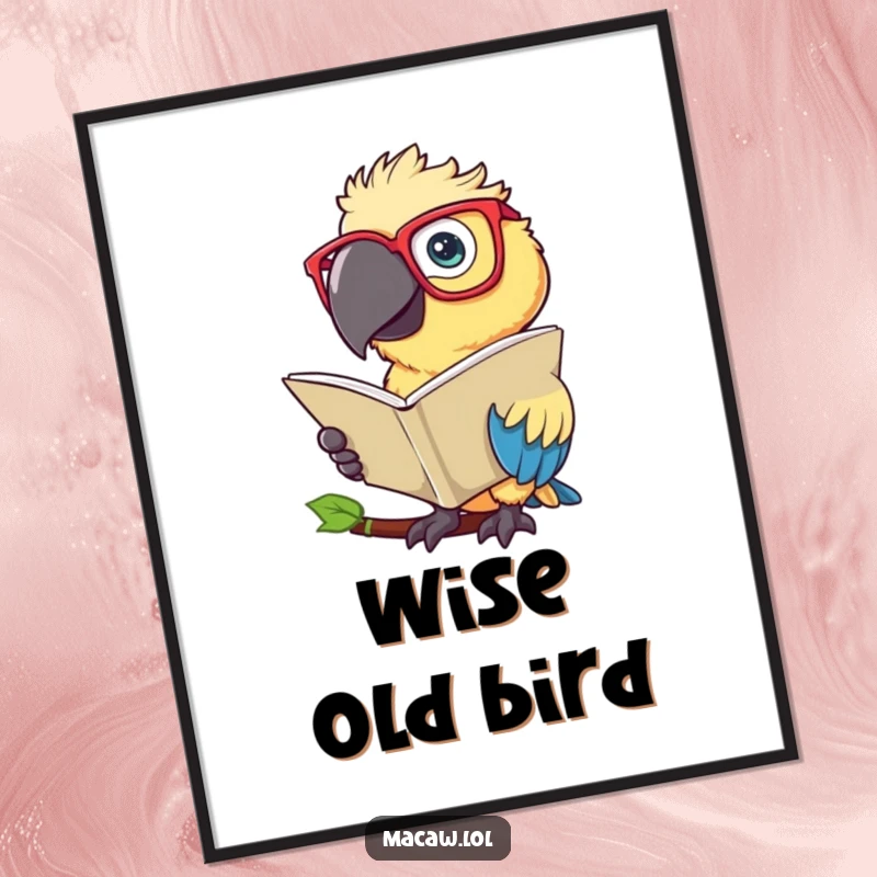 Funny Macaw Digital Art: High-resolution print of a scholarly macaw bird wearing glasses and reading a large leaf.