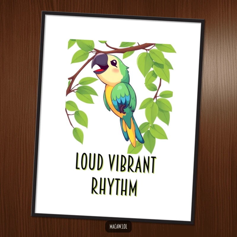 Funny macaw digital art print showing a delighted bird swinging on a vine and singing loudly, perfect for instant download.
