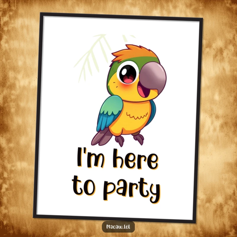 Funny Macaw Digital Art Print: A vibrantly colored macaw bird with large, curious eyes squawks happily.