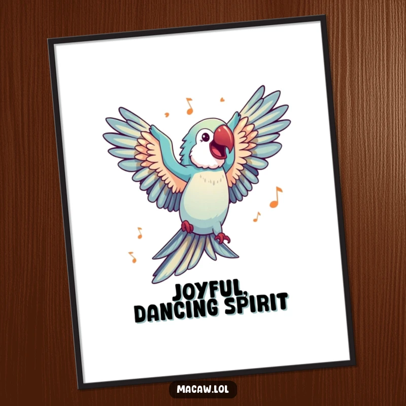 Funny Digital Art Print of a happy macaw with wings spread wide, energetically dancing to imaginary music, radiating pure bliss.