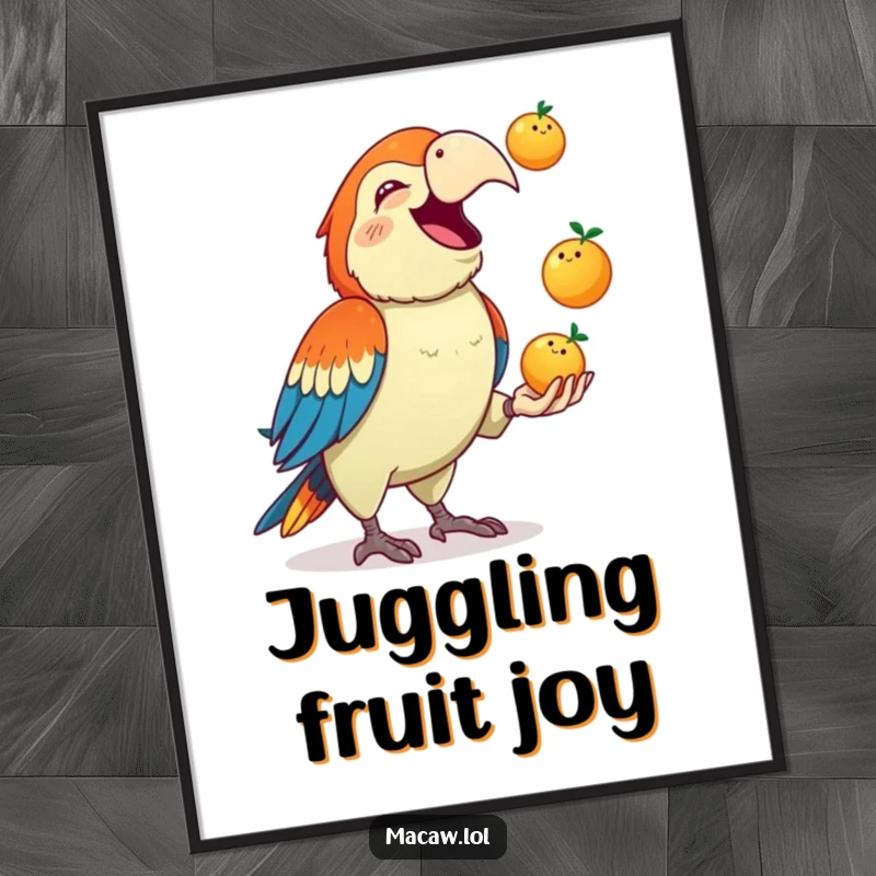 Funny Macaw Digital Art Print: A cute macaw squawks gleefully while juggling three colorful fruits, a vibrant and humorous decorative piece.