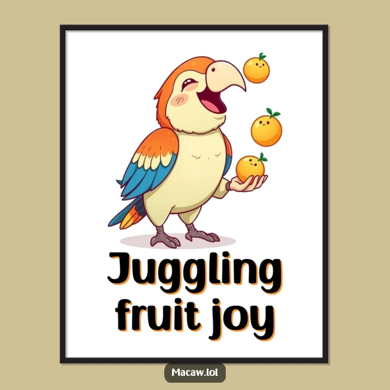 Funny Macaw Juggling Digital Art: Instant Hilarious Fruit Lover Decor