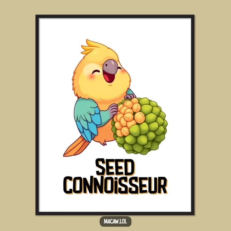 Funny Chubby Macaw Digital Print: Adorable Bird Munching Giant Seed - Instant Joy!