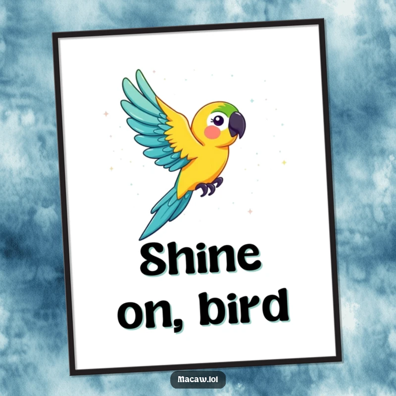 Funny macaw digital art print, a dynamic bird in flight through an iridescent glitter explosion, bringing instant humor and sparkle.
