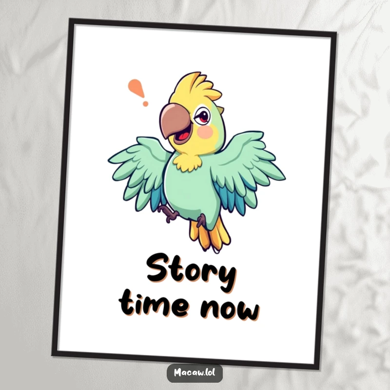 Funny digital art print of an expressive macaw bird with exaggerated wing movements, mid-storytelling, perfect for framing.