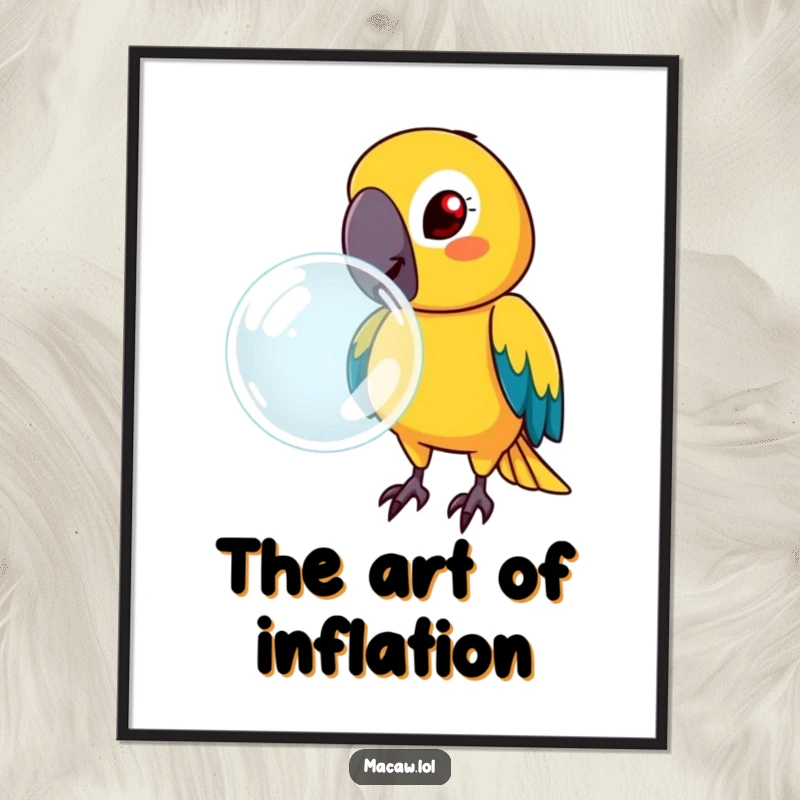 Funny macaw with a determined face, blowing a large bubble, digital art print for humorous and focused wall decor.
