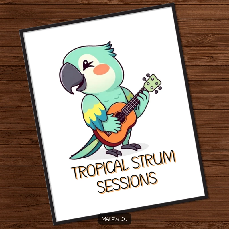 Funny, stylized macaw playing a mini ukulele with a wink, high-resolution digital art print for instant download.