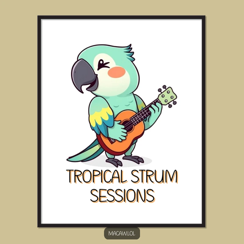 Funny Macaw Ukulele Digital Art: Instant Laughs with a Witty Tropical Bird