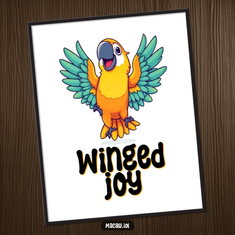 Funny illustration of a vibrant macaw with a wide grin dancing with outstretched wings, digital art for instant decor.