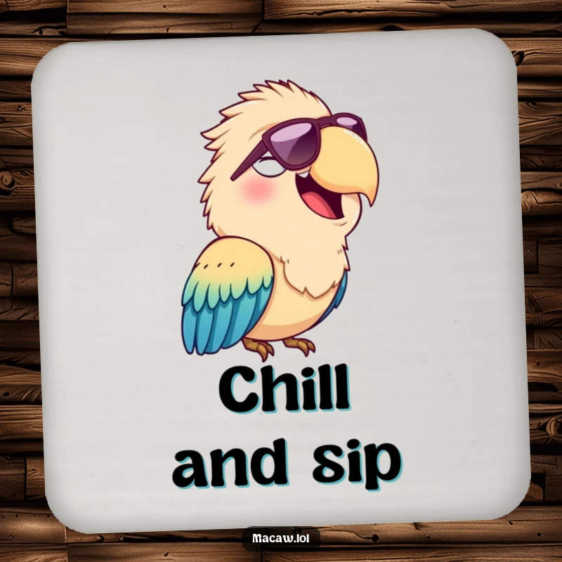 Funny drink coaster of a cheerful macaw bird squawking happily while wearing sunglasses, protecting surfaces with cool humor.