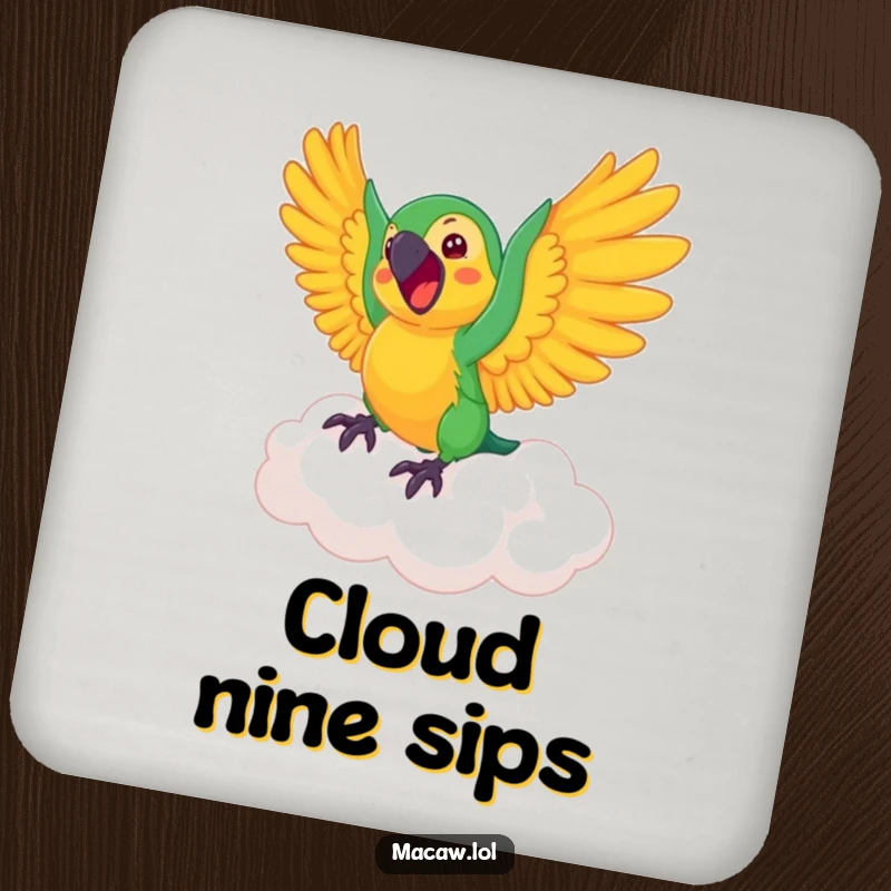 Funny Macaw Coaster: A coaster featuring an excited macaw bird riding on a soft, bouncing cloud.