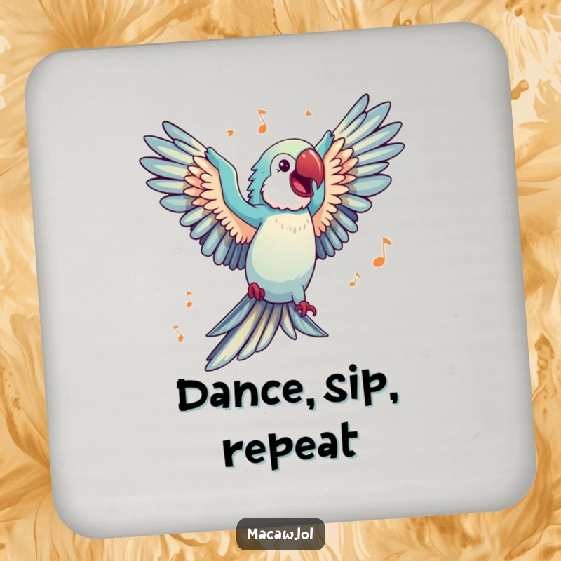 Funny Drink Coaster with a happy macaw having wings spread wide, dancing to imaginary music, adding joy to surfaces.
