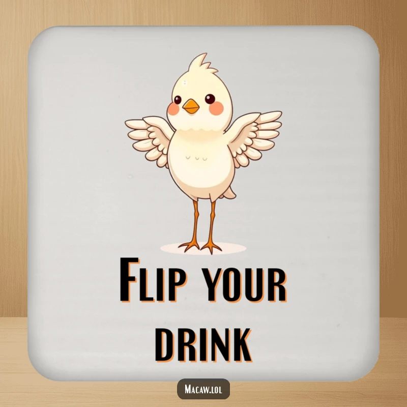 Funny bird in a proud headstand pose, wings flapped for balance, a humorous and protective coaster.
