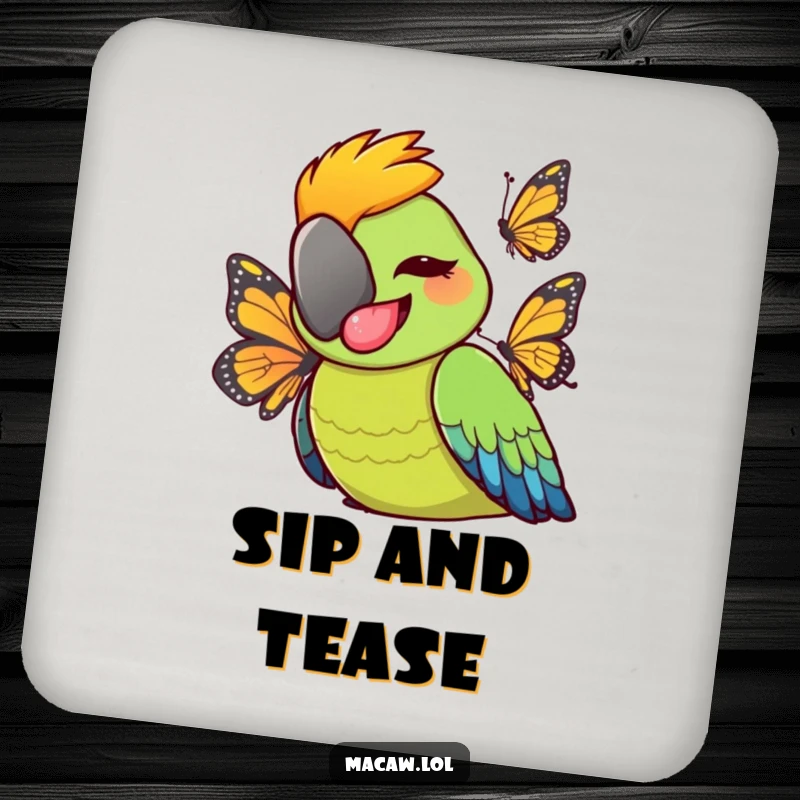 Funny cheeky macaw bird sticking tongue out playfully at a butterfly, humorous coasters for protecting surfaces with a cheeky vibe.