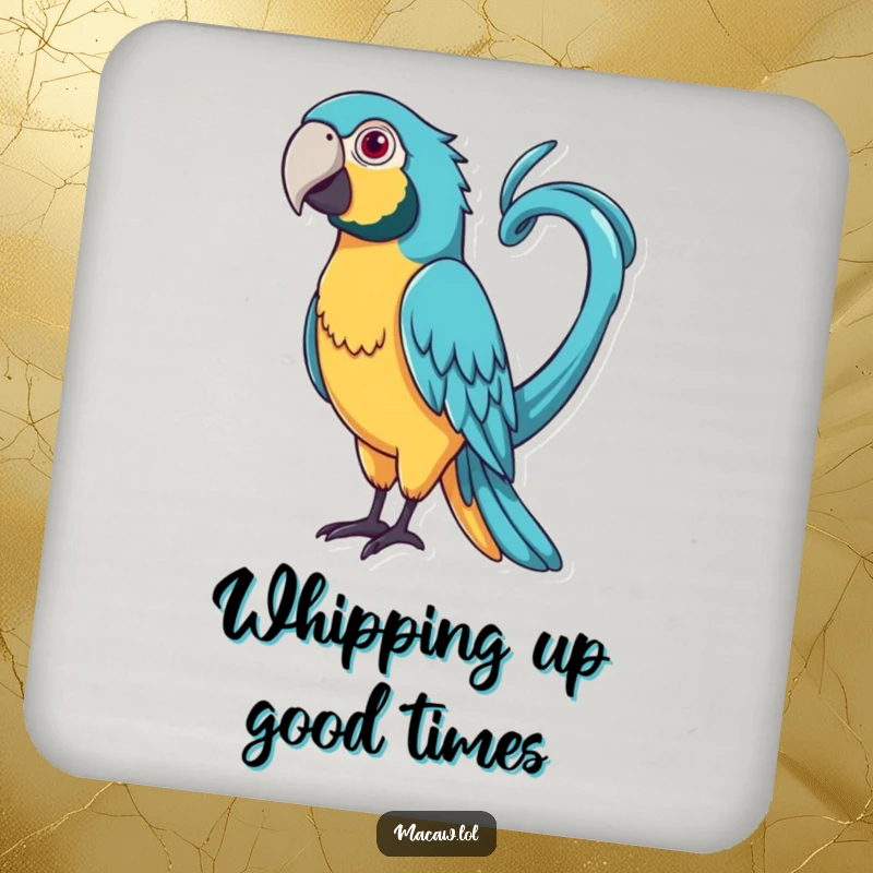 Funny Curly Tail Macaw Coaster: A bird with a very long, curly tail playfully whipping it around.