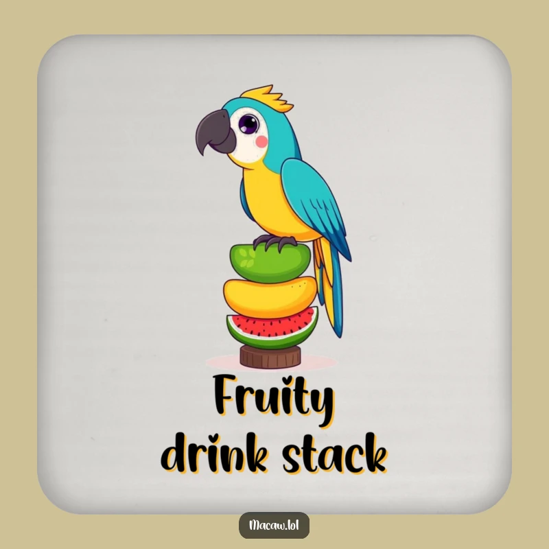 Funny Fruit Balancing Macaw Coaster: Playful Bird's Surface Saver Gift