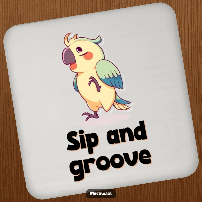 Funny coaster set with a joyful macaw dancing and tapping its foot, adding vibrant protection to tables.