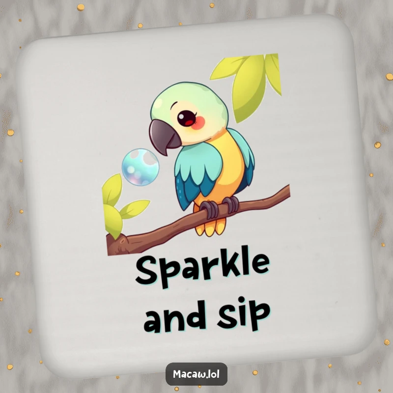 Funny kawaii macaw coasters, showing a bird on a branch looking at a shiny object, protecting surfaces with curious humor, a charming and funny gift.