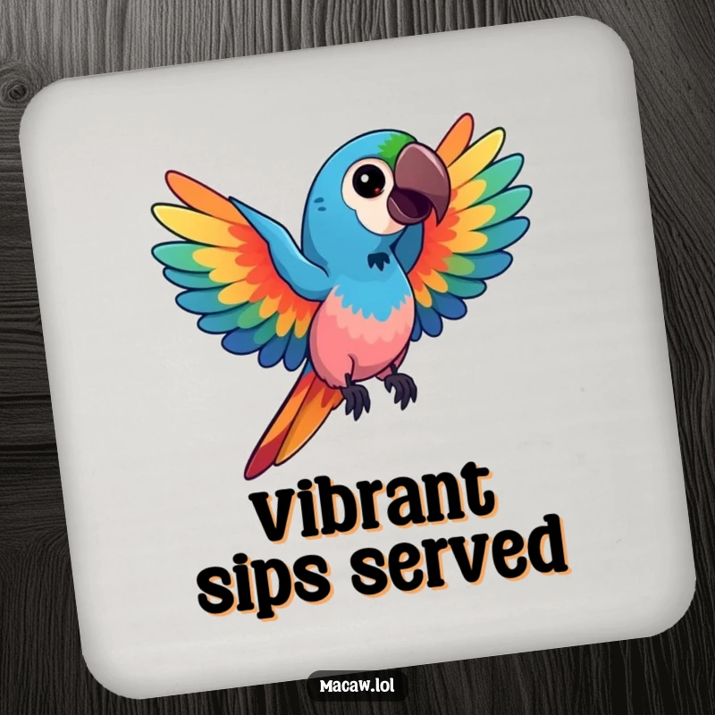 Funny kawaii macaw coasters, showing a bird with vibrant, swirling colors, protecting surfaces with artistic humor, a charming and funny gift.