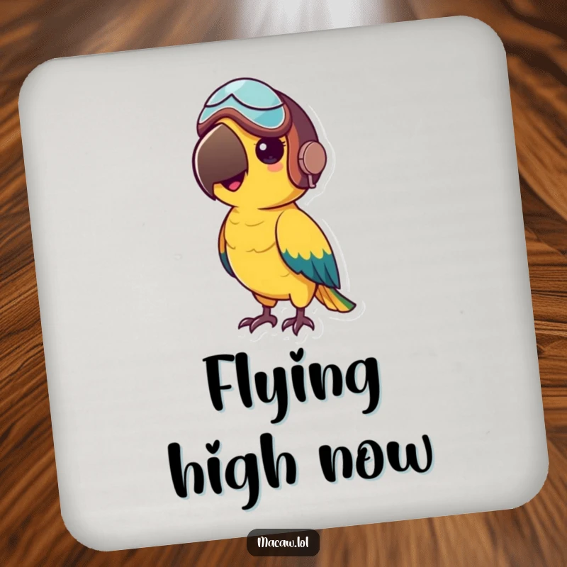 Funny drink coaster featuring a small macaw bird in a tiny aviator helmet, ready for adventure, adding flair.