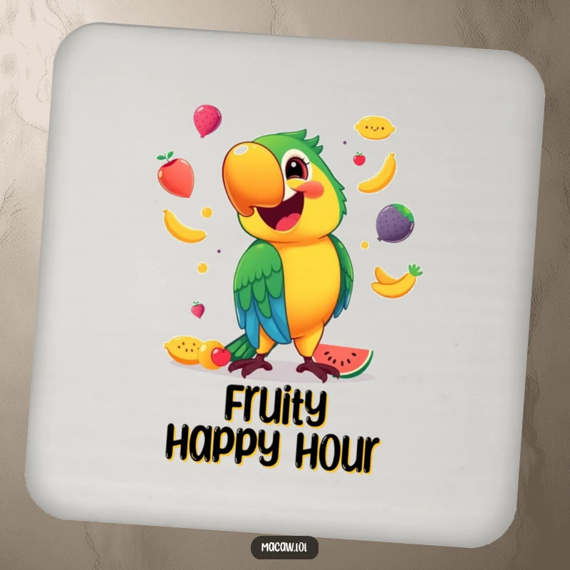 Funny Drink Coaster featuring a happy macaw with a big smile, juggling colorful fruits, protecting surfaces with flair.