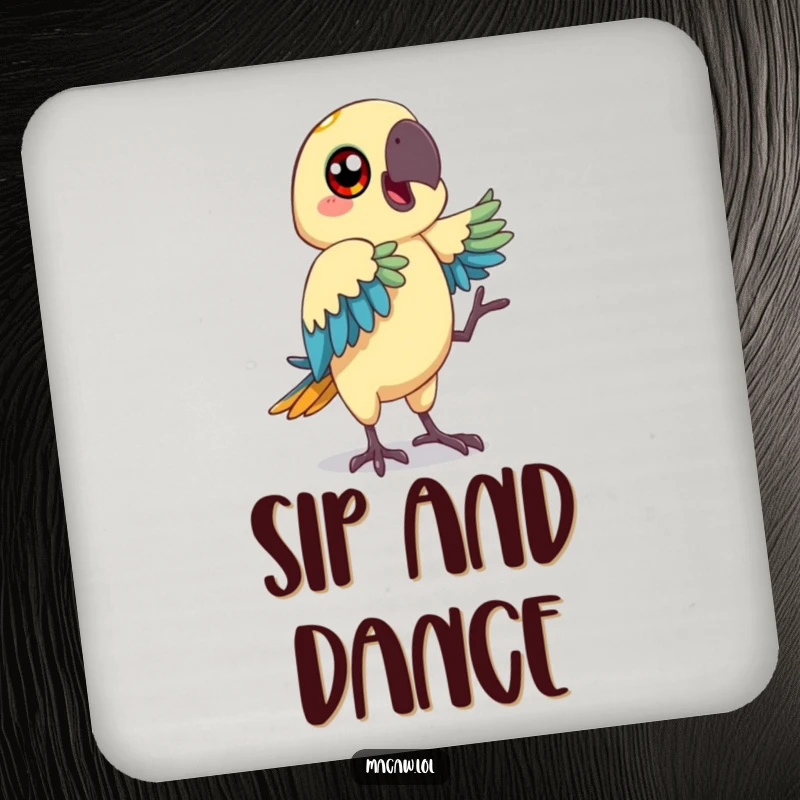 Funny macaw coaster illustrating a bird with big, happy eyes making a funny dance move, ideal for drink protection.