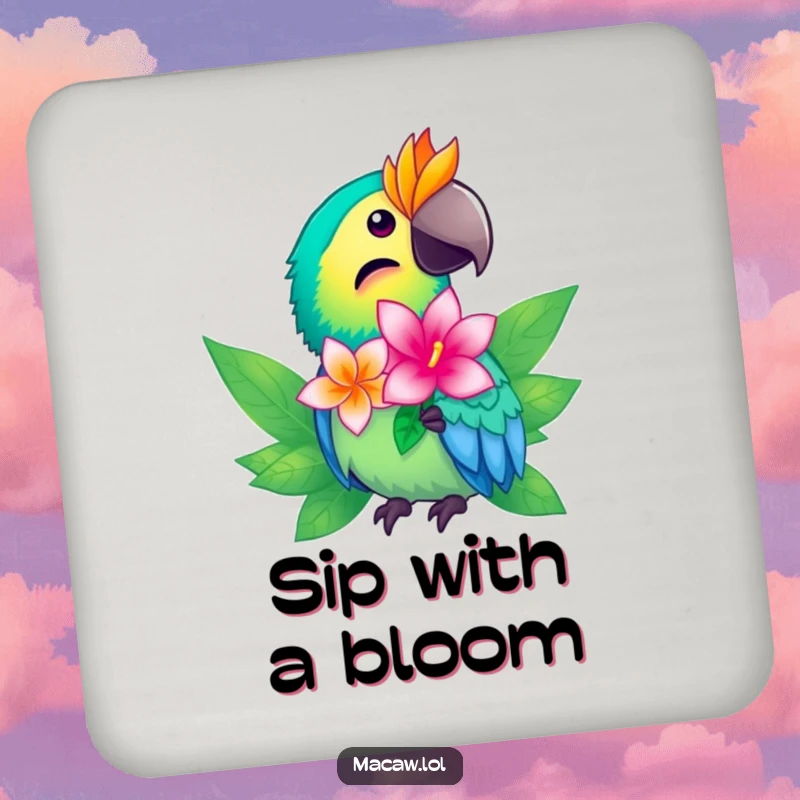 Funny macaw coaster illustrating a bright bird offering a shimmering tropical flower, ideal for drink protection.