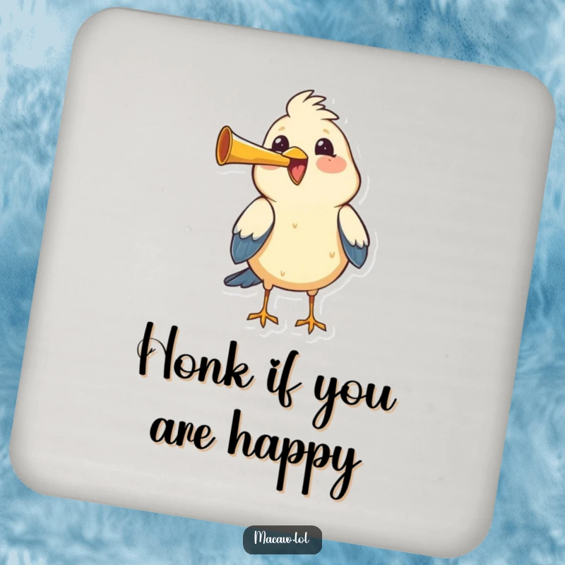 Funny bird honking a tiny horn with great joy and gusto, a humorous and protective coaster.