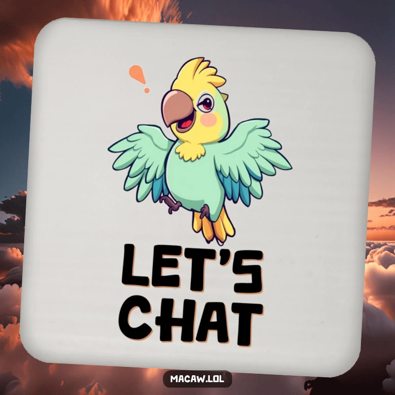 Funny drink coaster featuring an expressive macaw bird with exaggerated wing movements, mid-storytelling, adding flair.