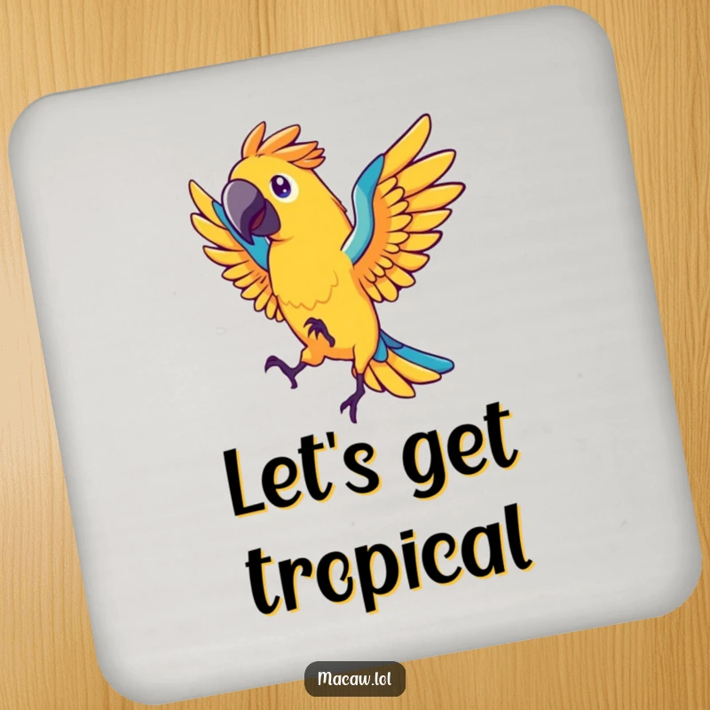 Funny macaw bird drink coaster, stylized bird dancing energetically with fanned tail feathers, vibrant, protective, humorous gift.