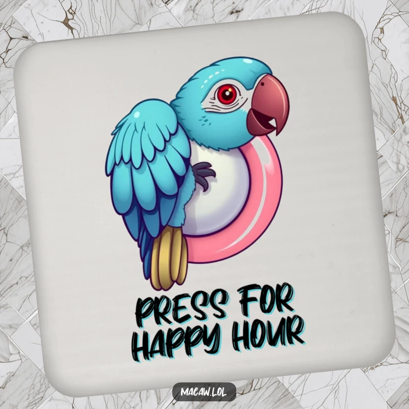 Funny Macaw Coaster: A coaster depicting a playful macaw bird pecking at a shiny, giant button.