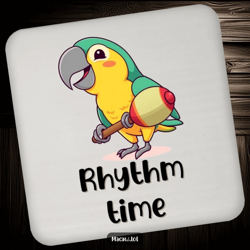 Funny Macaw Coaster: A vibrant tropical bird shaking a maraca with a wide smile, protecting furniture with a humorous design.