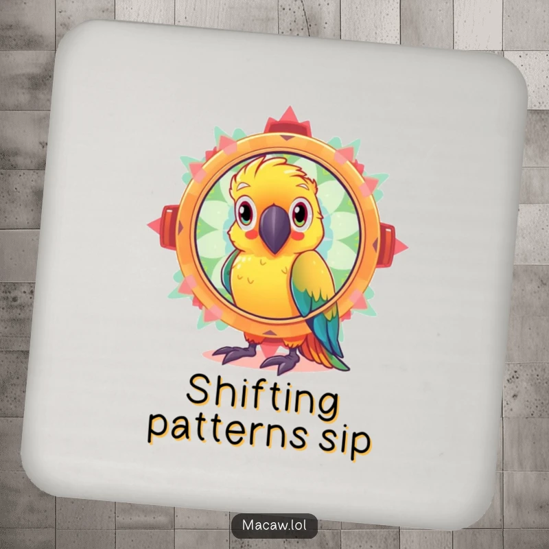Funny drink coaster of a curious macaw bird looking through a giant, sparkling kaleidoscope, protecting surfaces with imaginative humor.
