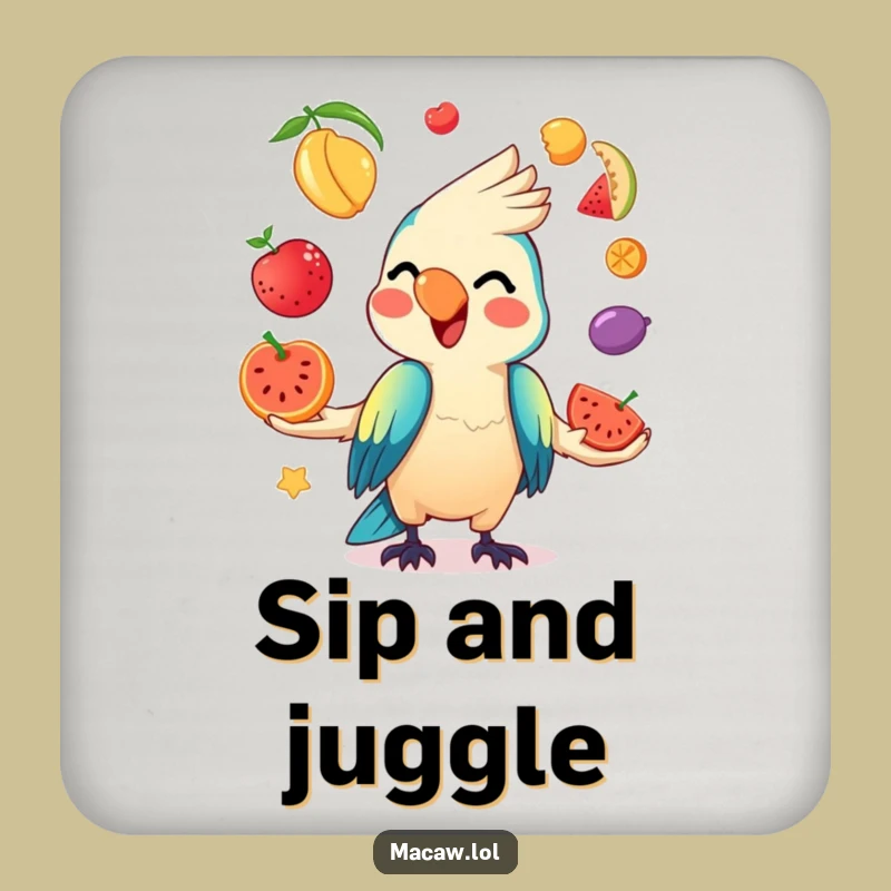 Funny Kawaii Macaw Fruit Coaster: Protect Surfaces with Bird's Hilarious Juggling!
