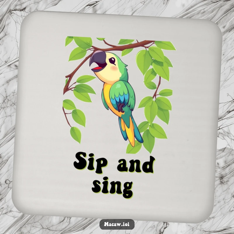 Funny macaw coaster illustrating a delighted bird swinging on a vine and singing loudly, ideal for drink protection.