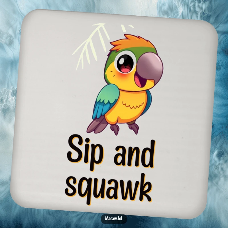 Funny Macaw Coaster: A vibrantly colored macaw bird with large, curious eyes squawks happily, protecting your tables.