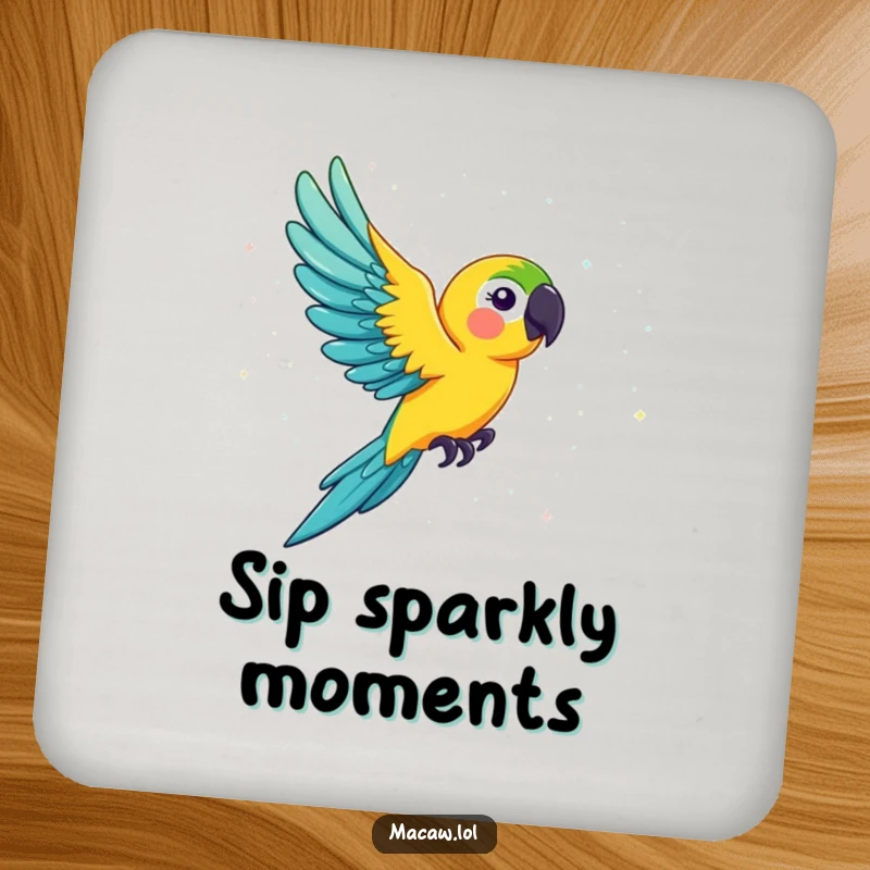 Funny macaw drink coaster, a vibrant bird flying through a dazzling shower of glitter, preventing spills with a touch of humor.