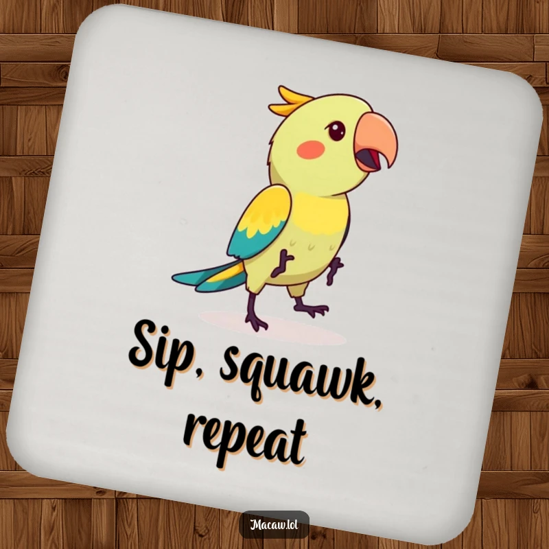 Funny kawaii macaw bird in a cute hop dance, displayed on a protective drink coaster, bringing smiles to your table.