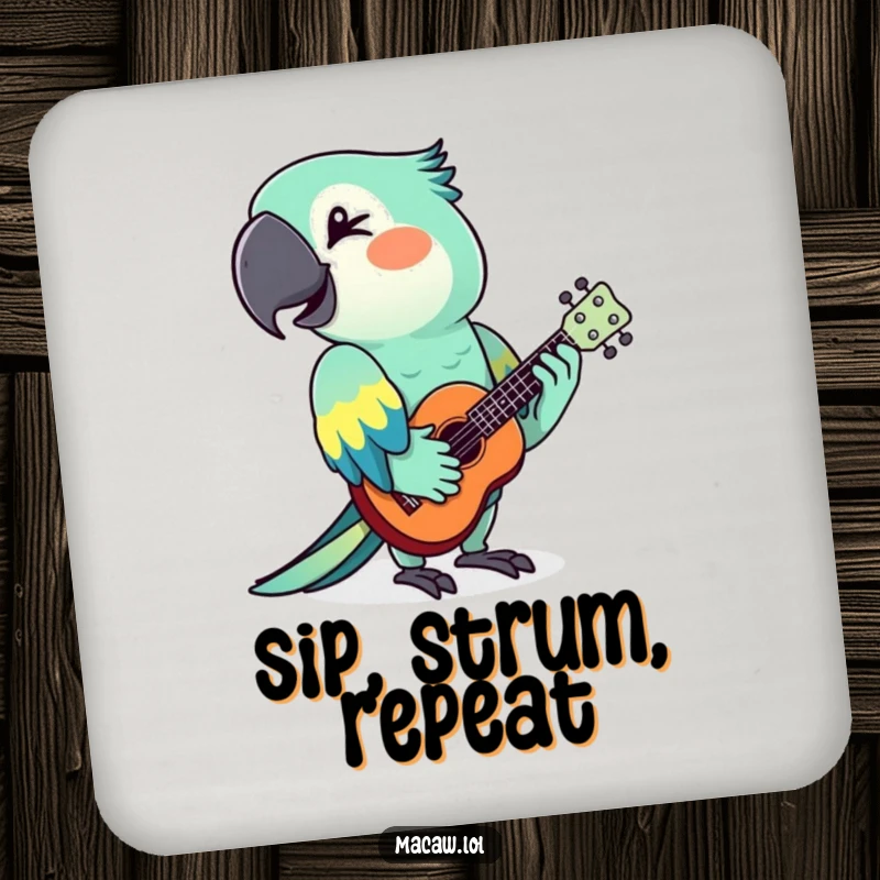 Funny macaw with a ukulele and a wink, protecting surfaces on a durable drink coaster.