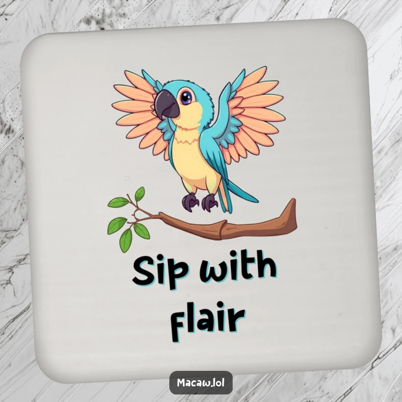 Funny drink coaster of a macaw bird posing dramatically with outstretched wings, protecting surfaces with artistic flair.
