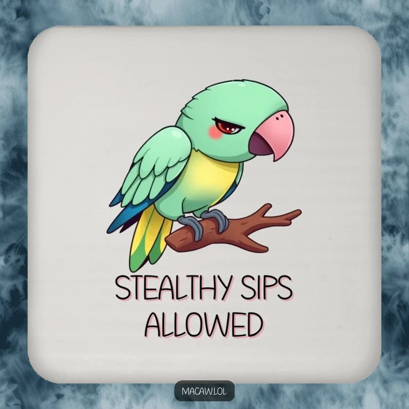 Funny Tiptoeing Macaw Coaster: A silly bird with a funny expression, hilariously trying to tiptoe on a branch.