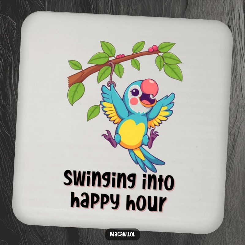 Funny macaw playfully swinging from a vine with excitement, on a drink coaster, offering playful, humorous protection.