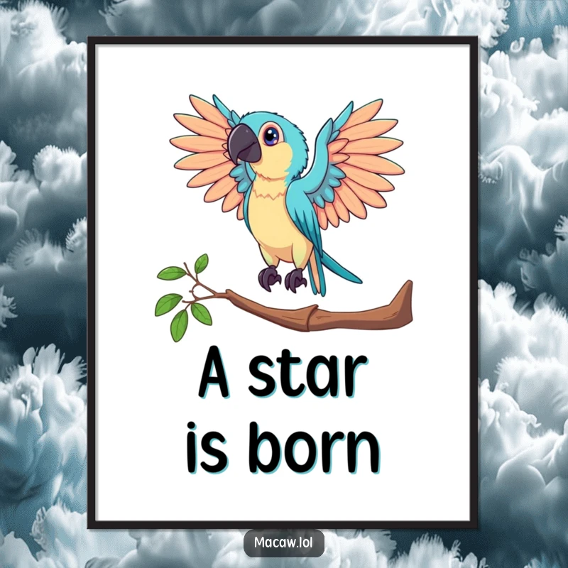 Funny poster of a macaw bird posing dramatically on a perch with its wings fully outstretched, capturing a moment of grand display.