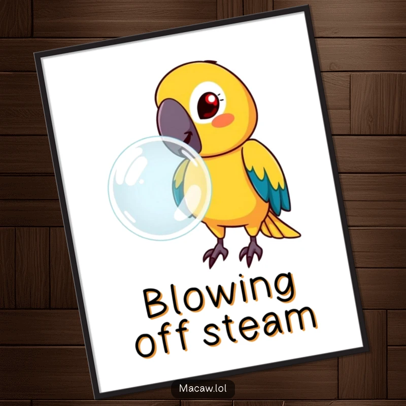Funny macaw with a determined face, blowing a large bubble, as humorous wall art on a poster.