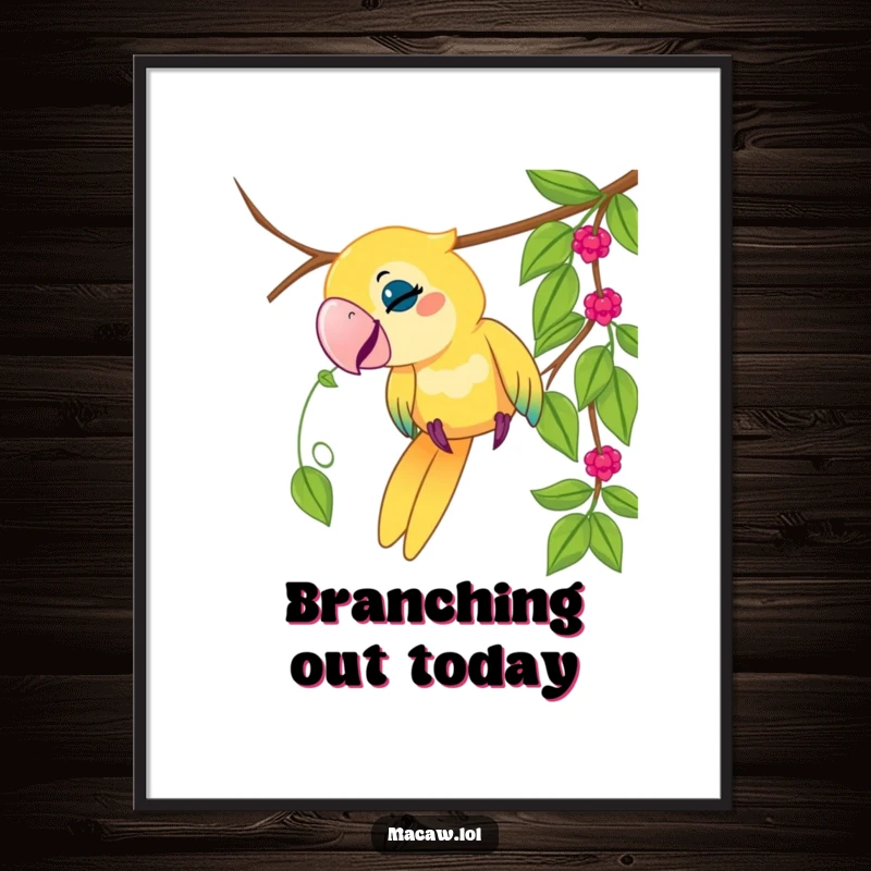 Funny macaw bird poster, playful bird tugging on a dangling vine, jungle theme, whimsical art, humorous, gift.