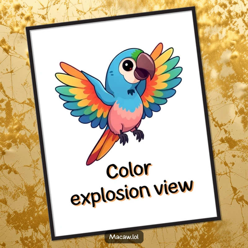 Funny kawaii macaw poster, featuring a bird displaying vibrant, swirling colors with spread wings, bringing artistic joy and humor to wall decor, a funny gift.