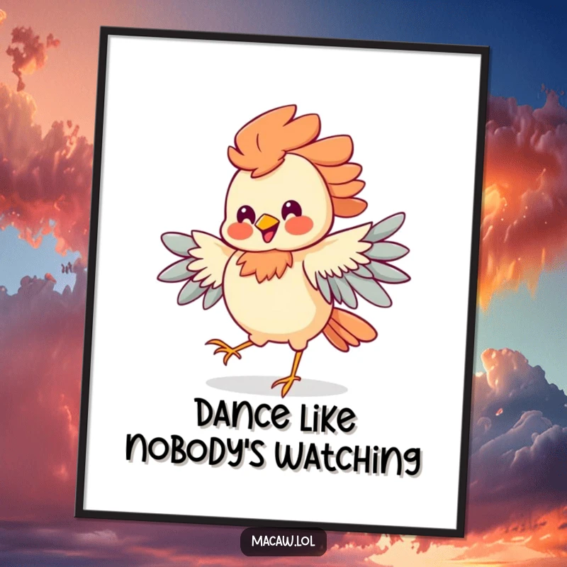 Funny Jigging Bird Poster capturing a bird with elaborate plumage mid-jig, sporting a wonderfully silly and infectious grin.