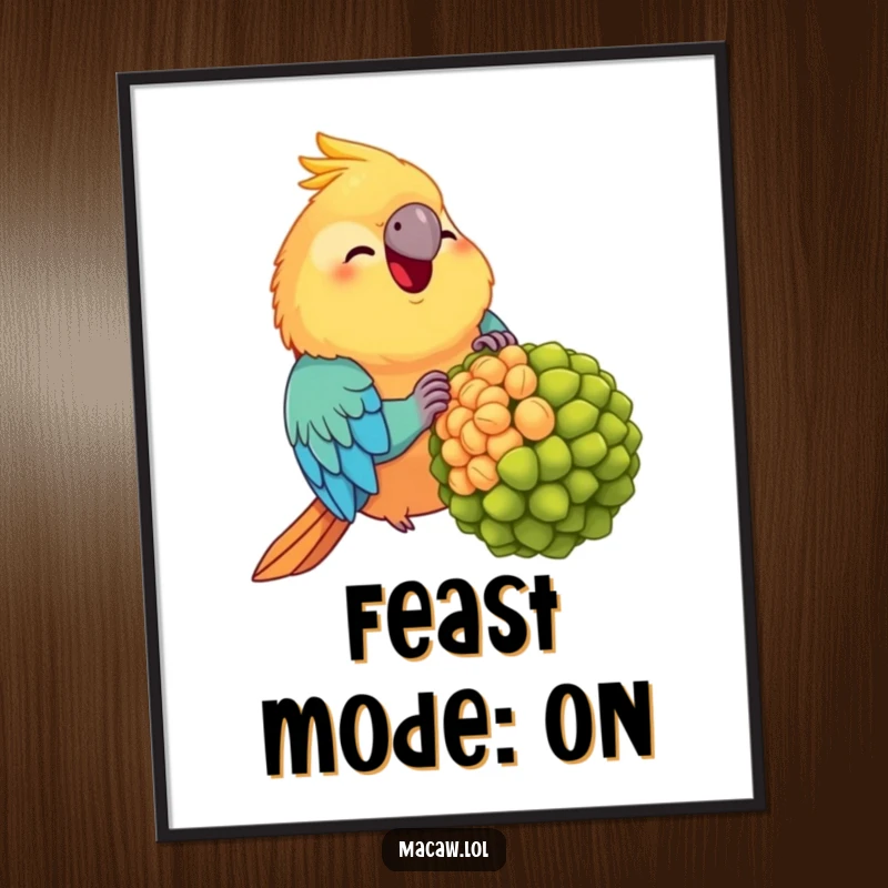 Funny Chubby Macaw Poster: A plump, happy macaw savoring a comically large seed, creating a humorous and heartwarming wall decoration.
